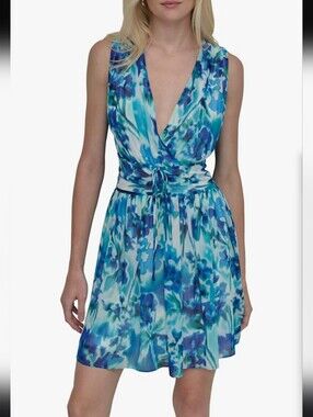 DKNY Blue Aqua Watercolor Floral Dress Size 4 Sleeveless Faux Wrap Midi NWT
